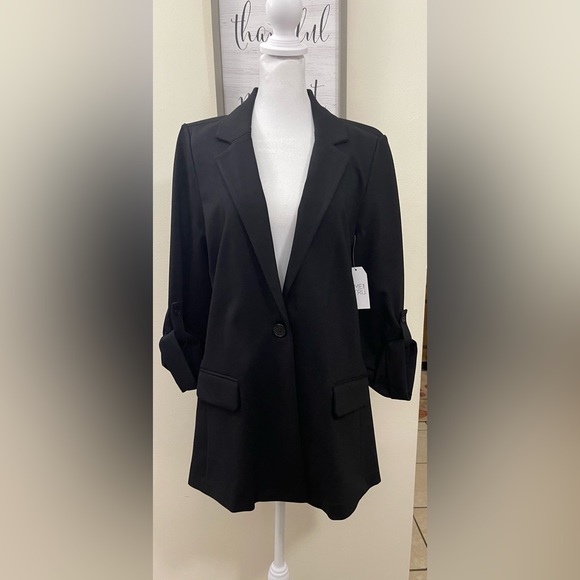 Women's Relaxed Fit Button Front Ponte Blazer with Adjustable Sleeves Black. NWT - Picture 7 of 17